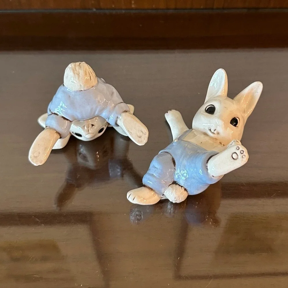Vintage Playful Ceramic Bunny Figurines Set Blue Overalls Handstand Easter Decor